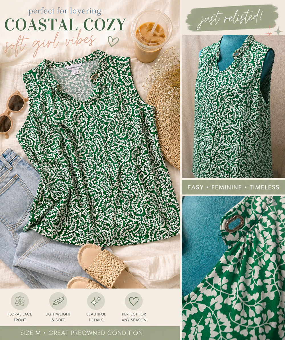 Liz Claiborne Green White Floral Sleeveless Blouse Top Size Large